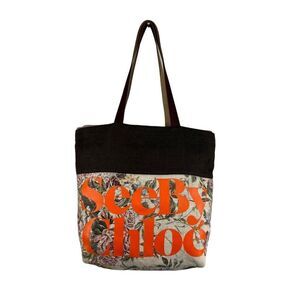 See By Chloé Floral Canvas Casual Style Logo Beige Brown and Purple Tote Bag